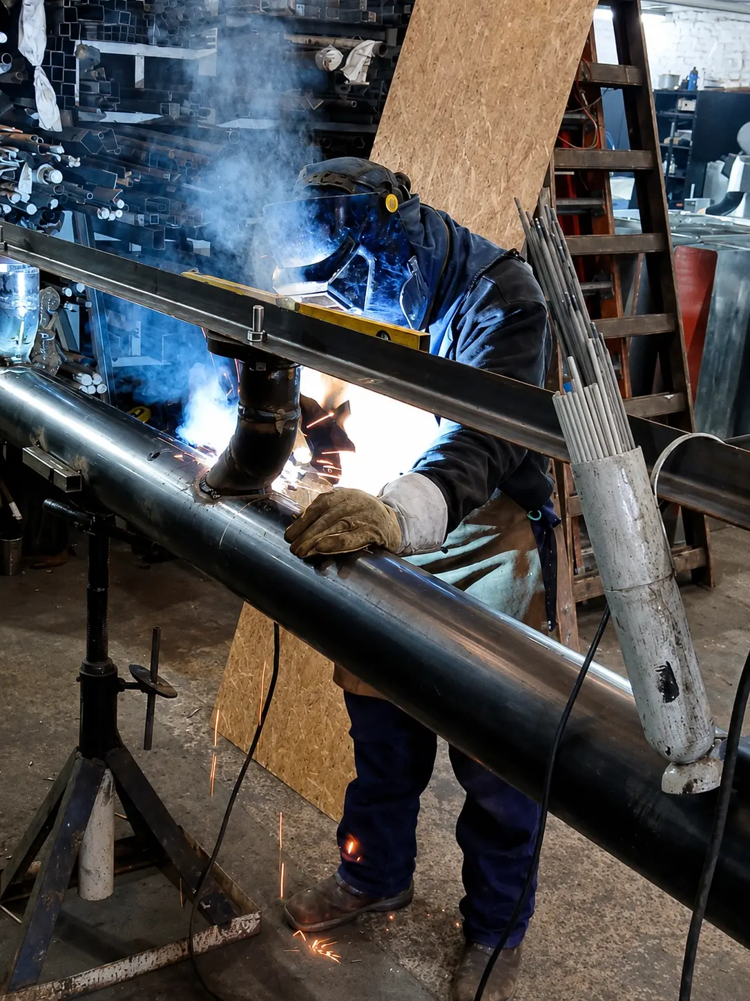 Soldador del equipo HARD trabajando en obra de montaje industrial